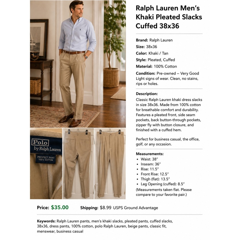 Polo Ralph Lauren Prospect Pants Men's 38x36 Khaki Pleated Cuffed Slacks